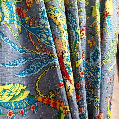 Handmade Kantha Work Grey Tropical Bird Print Blackout Curtain | Unique Design