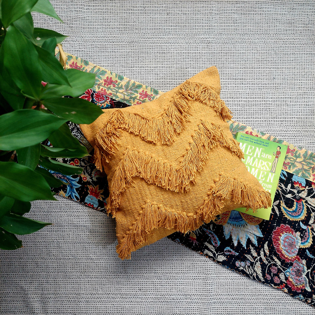 Mustard Yellow Zigzag Tufted Cushion Cover – Handwoven Boho Cotton with Tassels