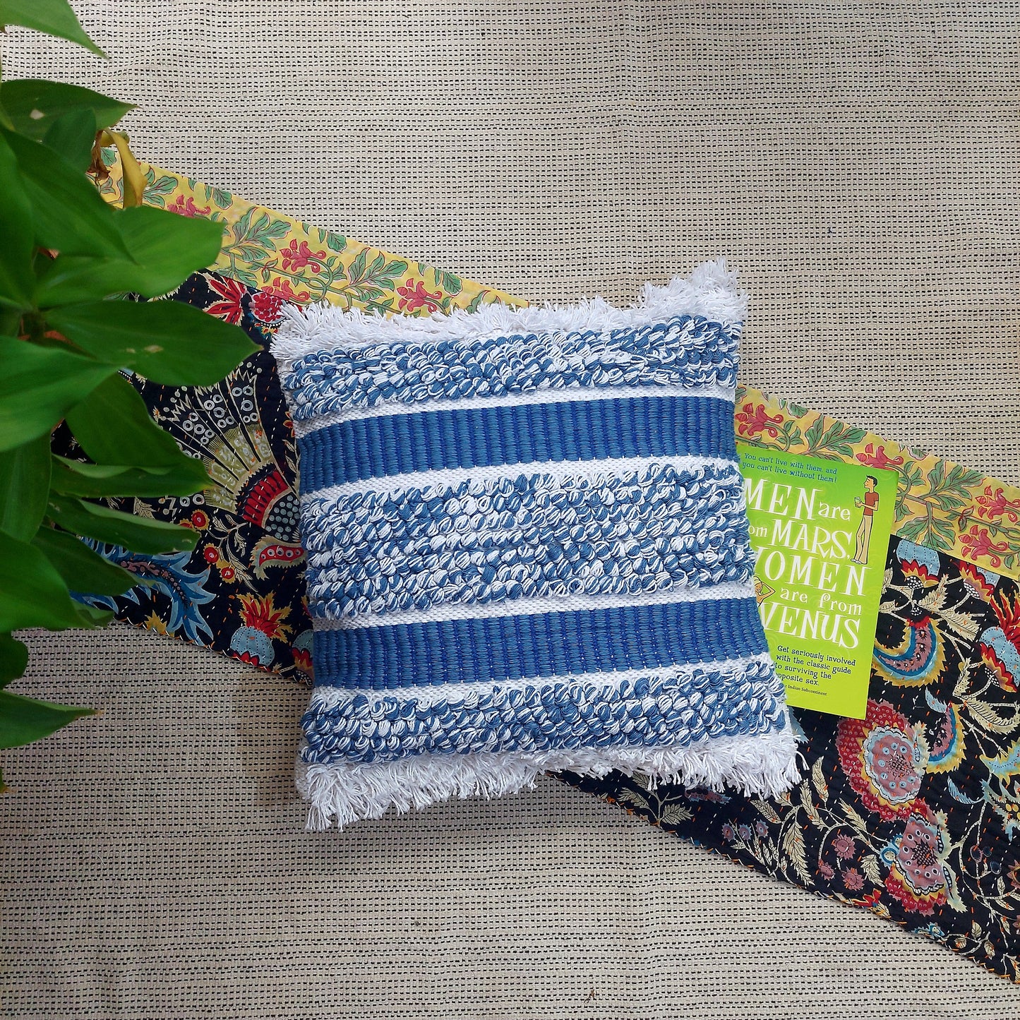 Handwoven Blue Tufted Boho Cushion Cover | 16 x 16 Inch