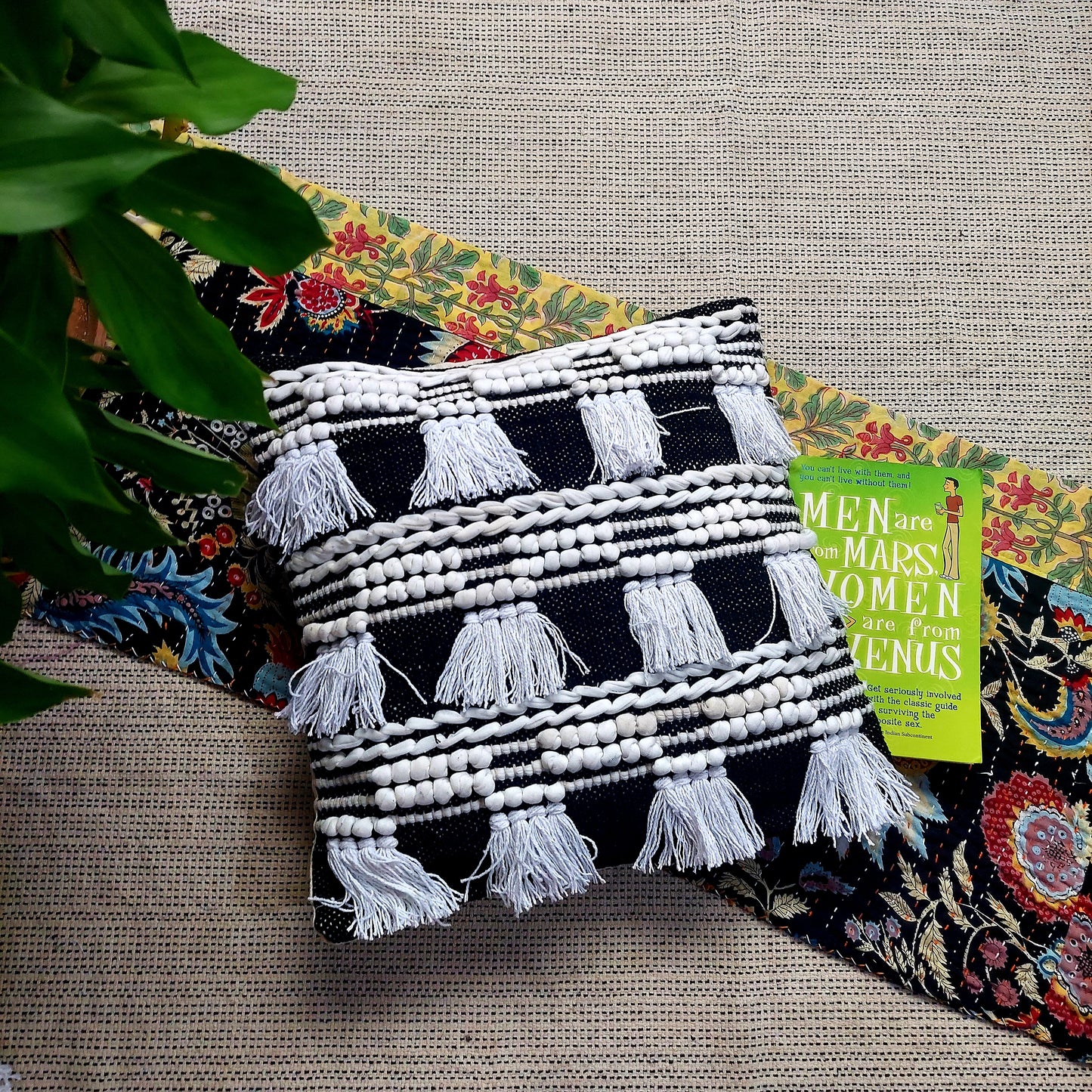 Handwoven Black and White Tufted Boho Cushion Cover | 16 x 16 Inch