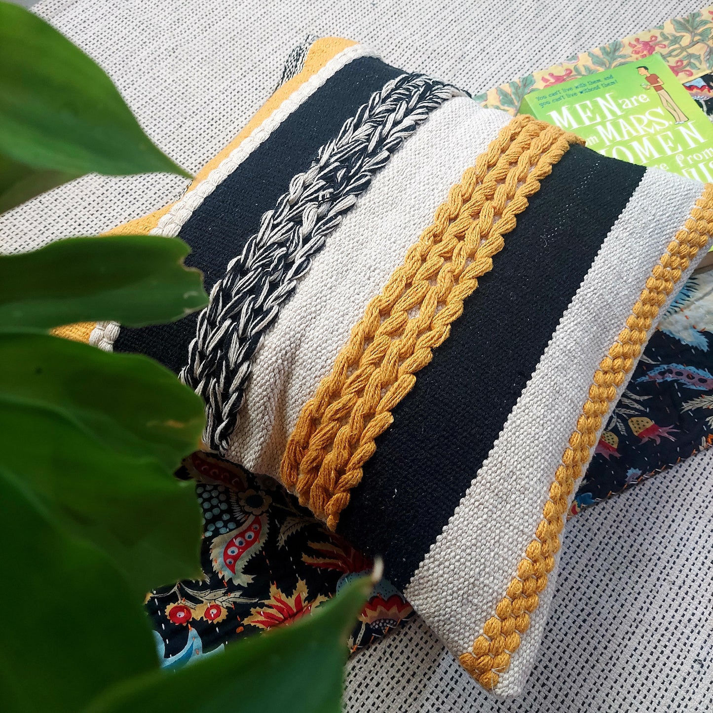 Handwoven Yellow And Black Tufted Boho Cushion Cover | 16 x 16 Inch