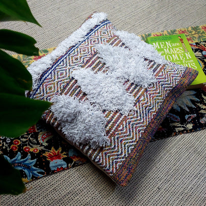 Handwoven Multicoloured Tufted Boho Cushion Cover| 16x 16 Inch