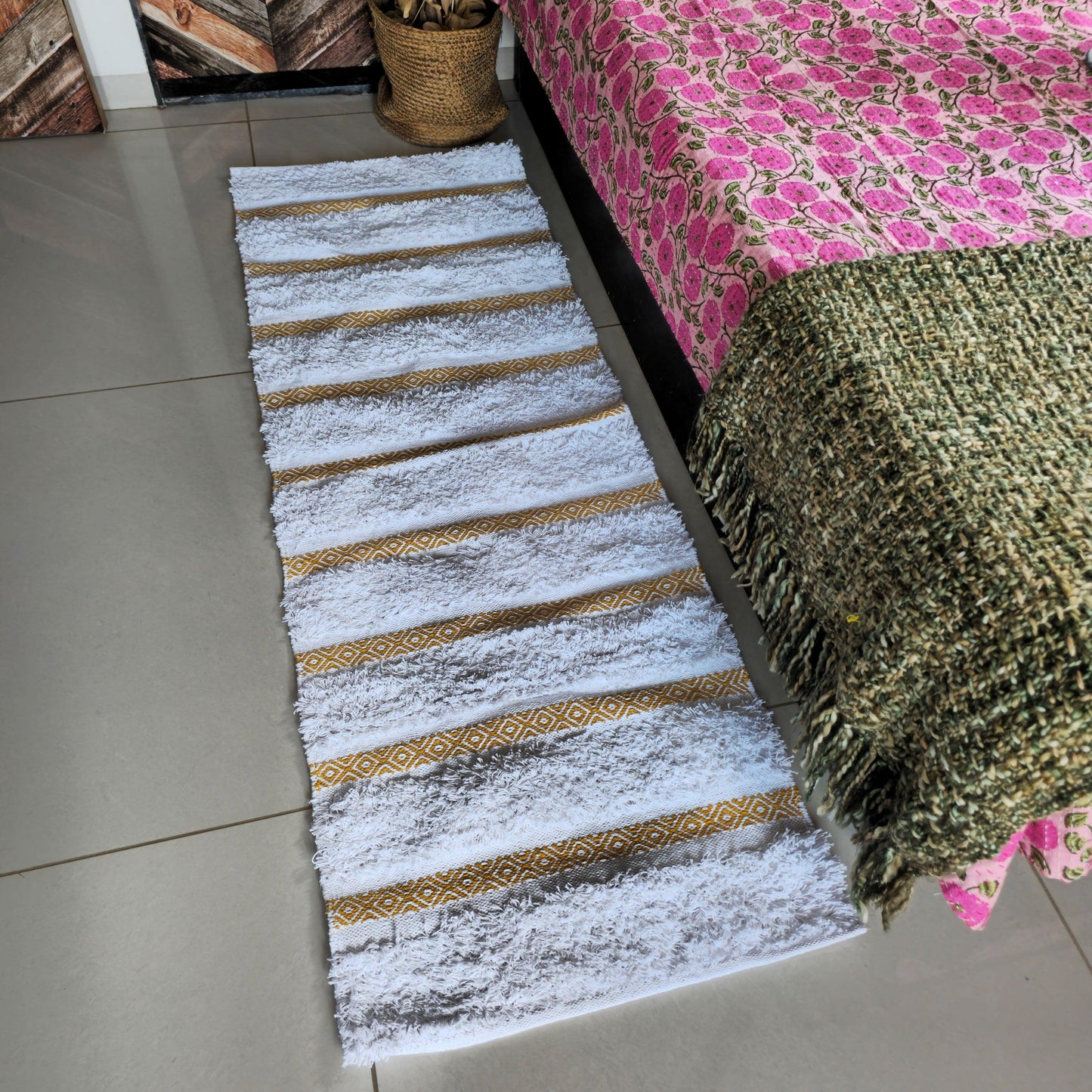 White And Yellow Rows Pattern Hand Tufted Boho Cotton Bedside Rug