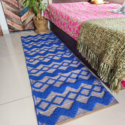 Blue Zigzag Hand Tufted Boho Cotton Bedside Rug