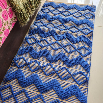 Blue Zigzag Hand Tufted Boho Cotton Bedside Rug