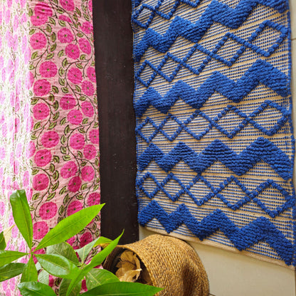 Blue Zigzag Hand Tufted Boho Cotton Bedside Rug