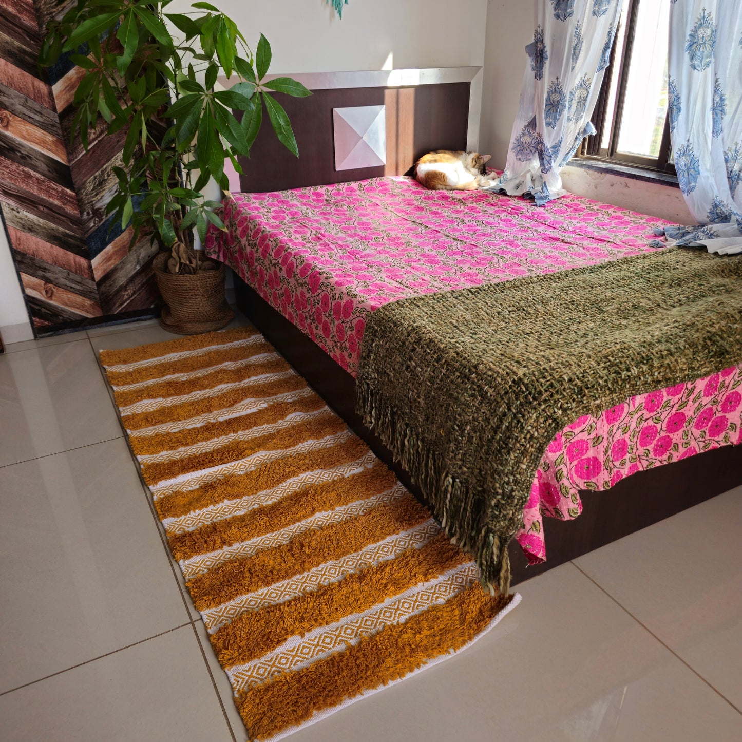 Yellow Striped Hand-Tufted Boho Cotton Bedside Rug