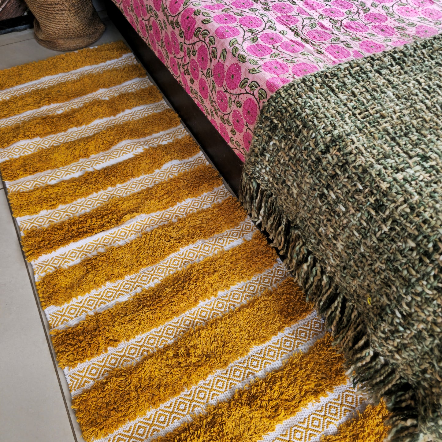 Yellow Striped Hand-Tufted Boho Cotton Bedside Rug