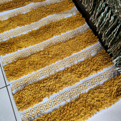 Yellow Striped Hand-Tufted Boho Cotton Bedside Rug