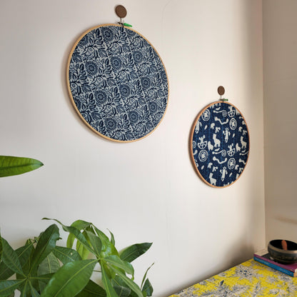 White & Indigo Floral Geometric Block Print Embroidery Hoop – Upcycled Fabric | Multiple Sizes