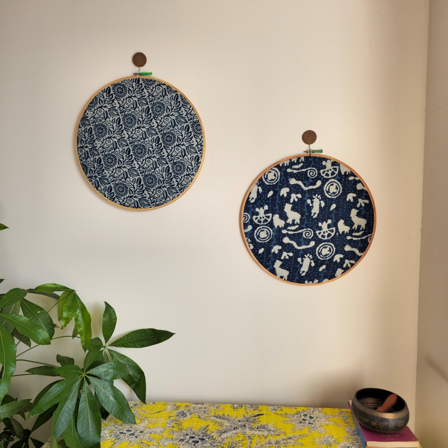 White & Indigo Floral Geometric Block Print Embroidery Hoop – Upcycled Fabric | Multiple Sizes