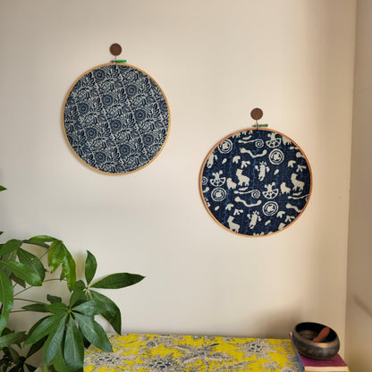 White & Indigo Floral Geometric Block Print Embroidery Hoop – Upcycled Fabric | Multiple Sizes