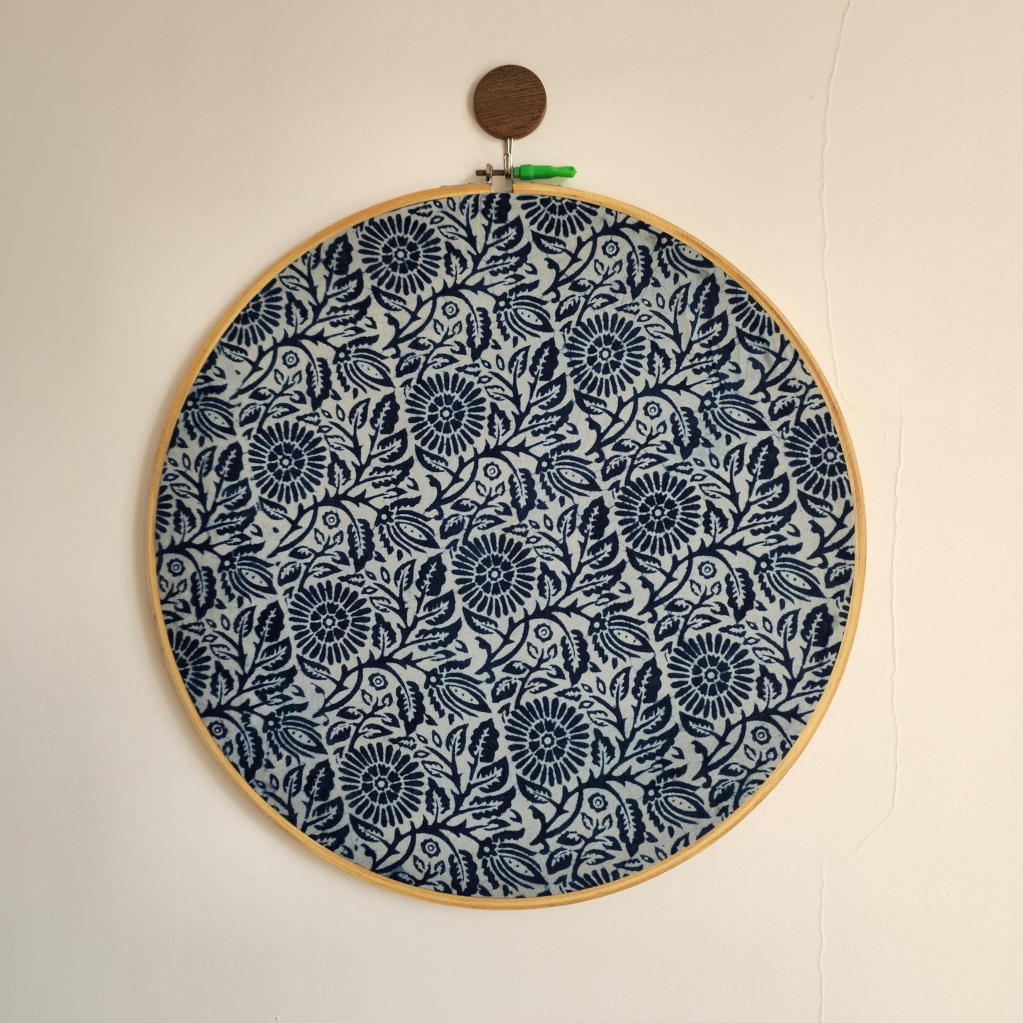 White & Indigo Floral Geometric Block Print Embroidery Hoop – Upcycled Fabric | Multiple Sizes