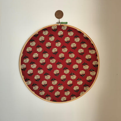 Red Embroidery Hoop with White & Green Flower Motifs – Upcycled Cotton Fabric | Multiple Sizes