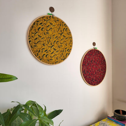 Red Ajrakh Embroidery Hoop with Blue & Beige Leaf Patterns – Upcycled Fabric | Multiple Sizes