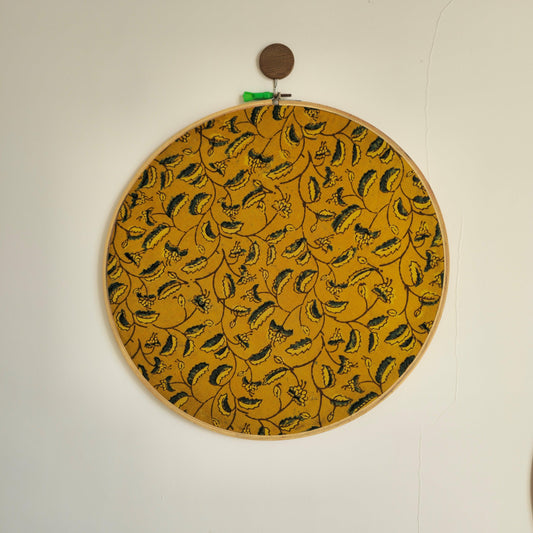 Ajrakh Embroidery Hoop with Mustard Yellow & Dark Green Leaf Motifs – Upcycled Fabric | Multiple Sizes