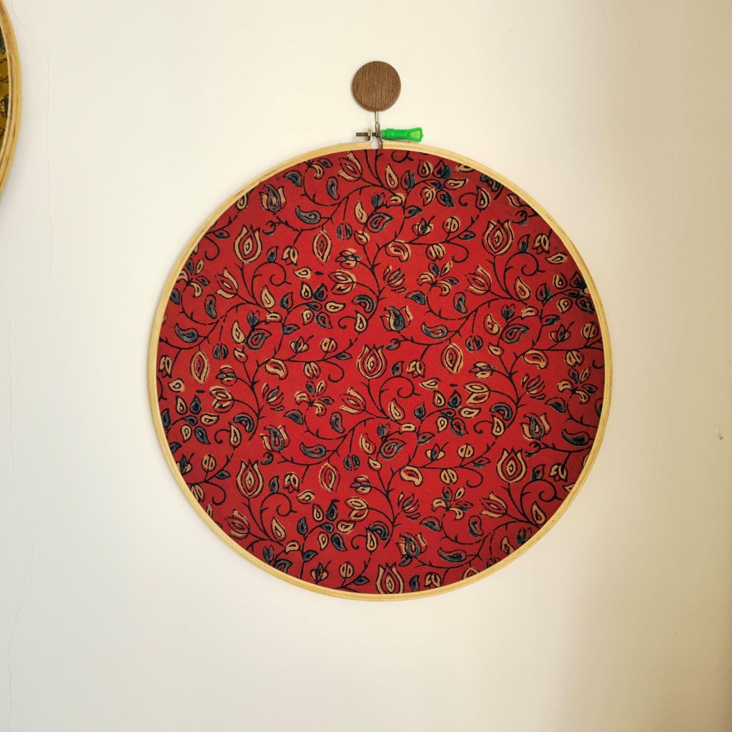 Red Ajrakh Embroidery Hoop with Blue & Beige Leaf Patterns – Upcycled Fabric | Multiple Sizes