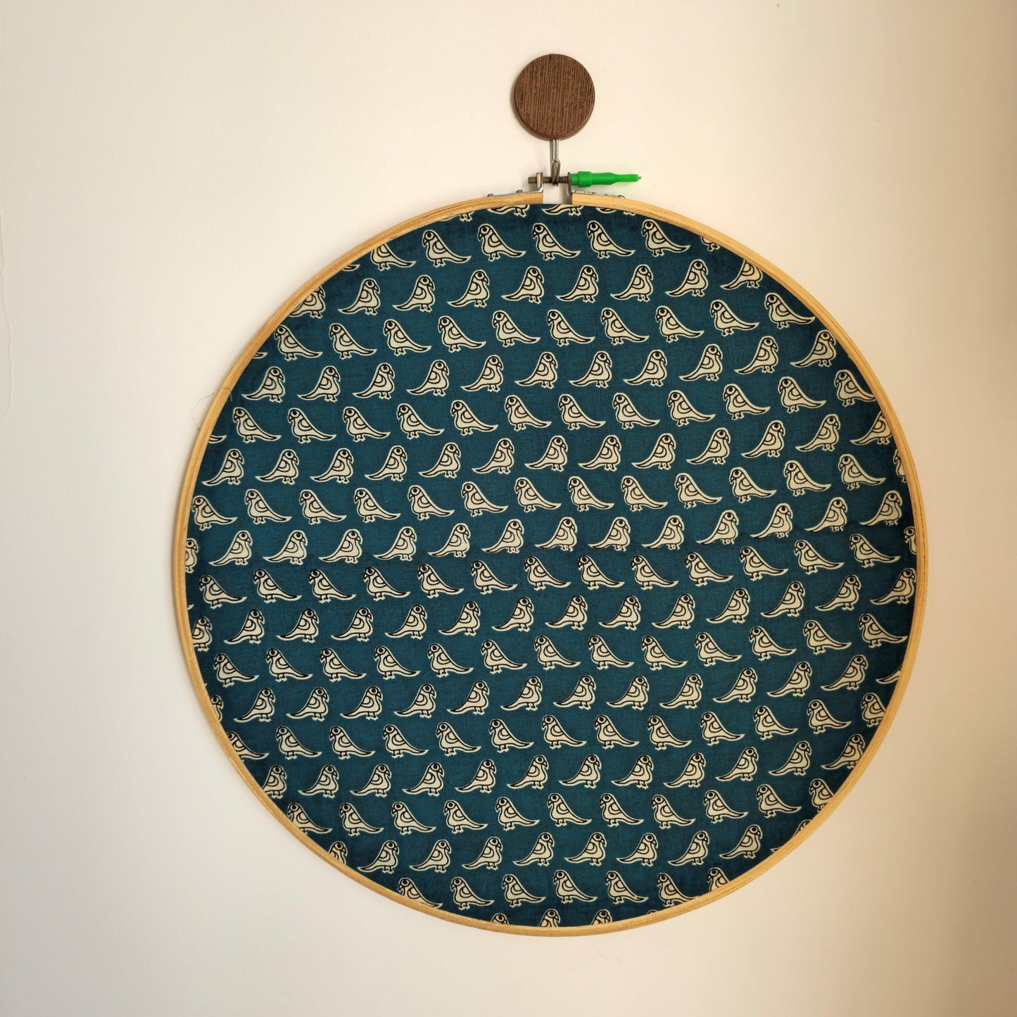 Teal Blue Bird Print Embroidery Hoop – Cotton Fabric | Upcycled Material | Multiple Sizes