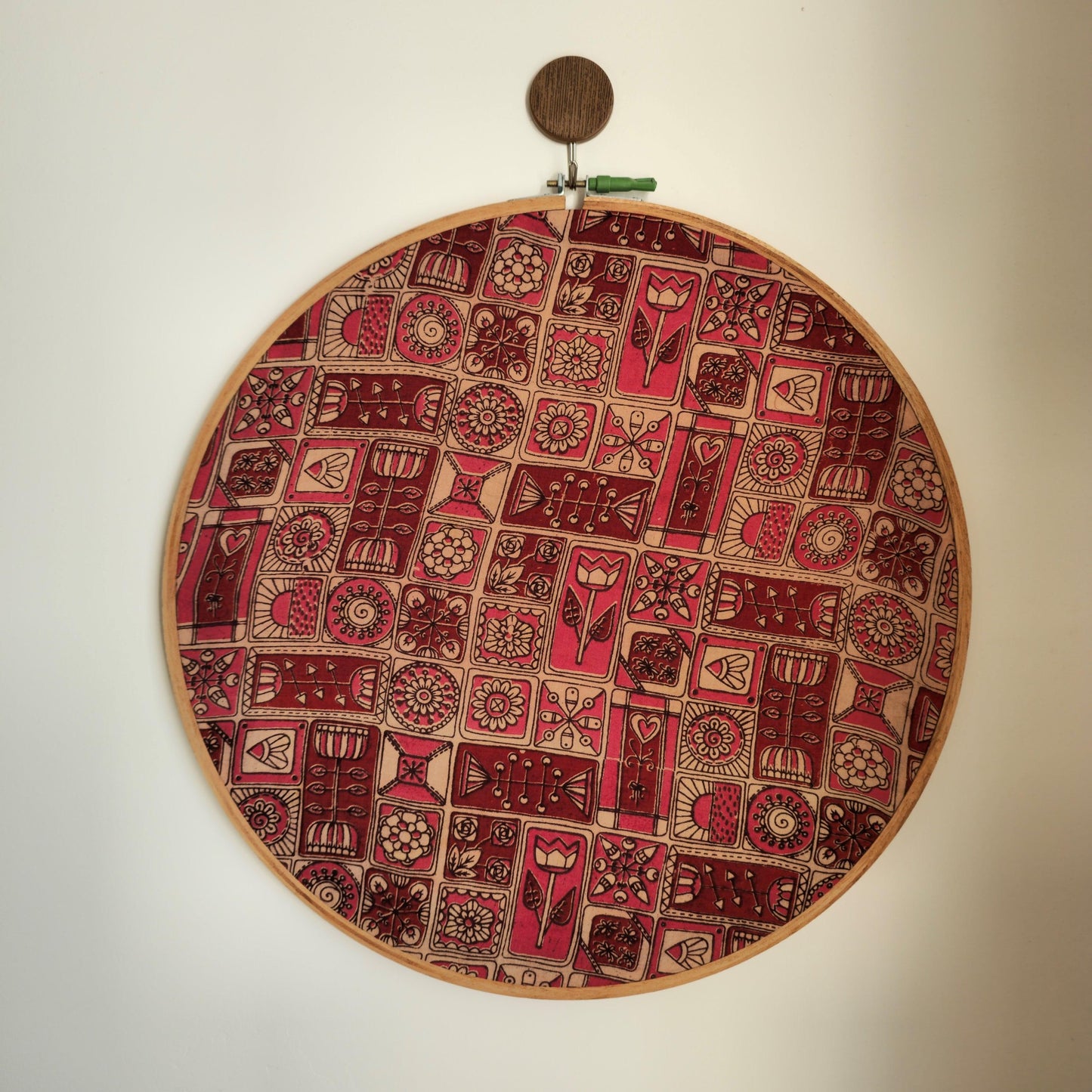 Geometric Print Ajrakh Embroidery Hoop – Abstract Shades of Red | Upcycled Fabric | Multiple Sizes