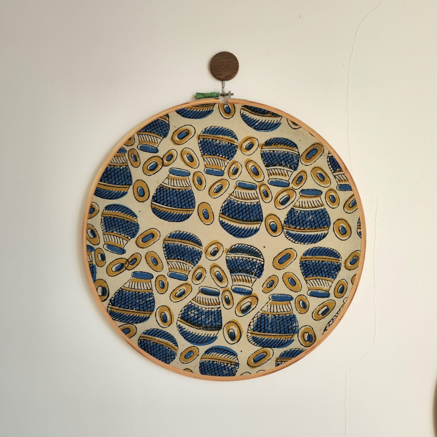 Ajrakh Block Printed Embroidery Hoop – Beige, Indigo & Mud Yellow with Quirky Matka Design | Multiple Sizes