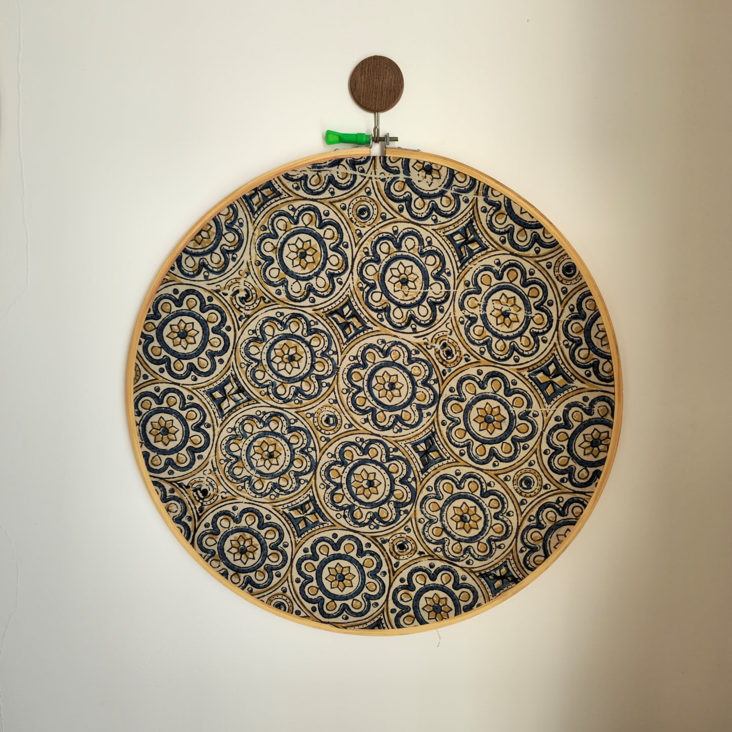 Beige Floral Block Print Embroidery Hoop Wall Decor