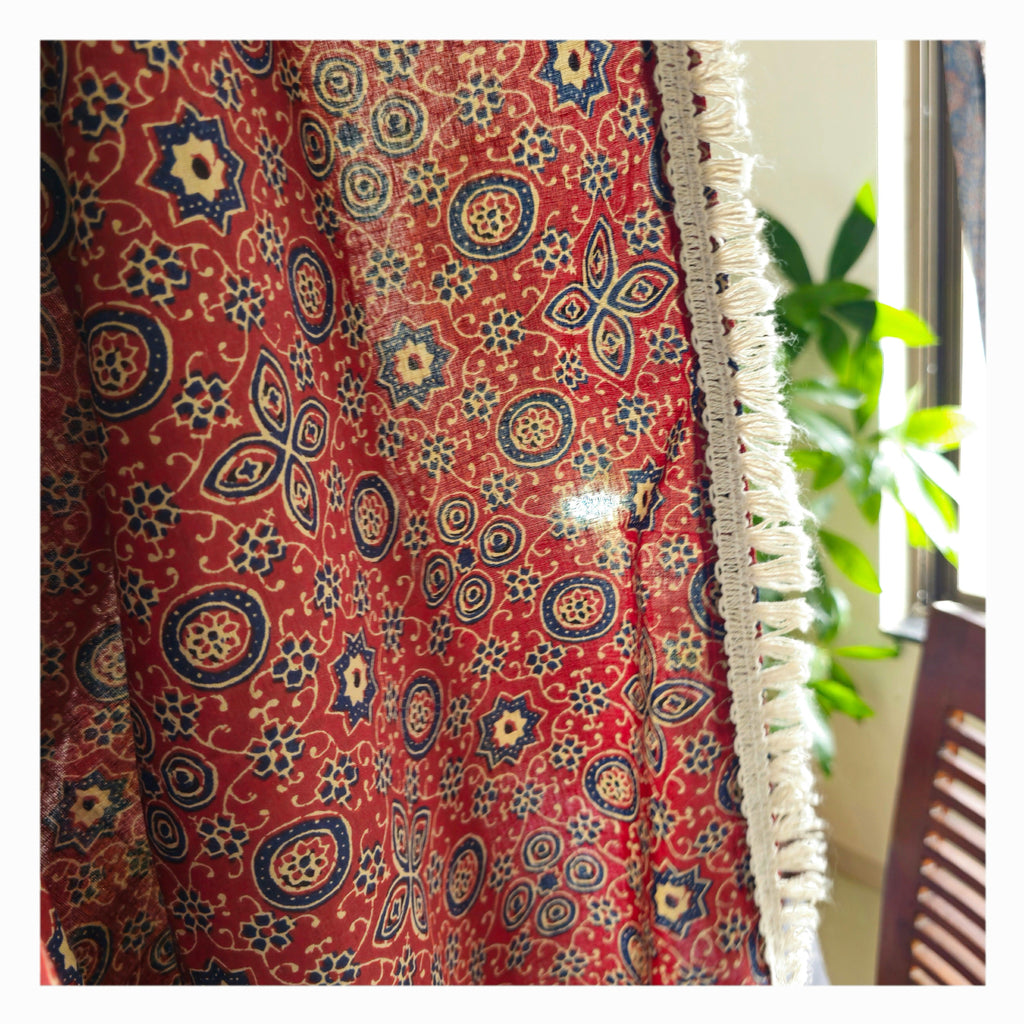 Red and Maroon Geometric Motif Ajrakh Block Print Sheer Curtains with White Cotton Tassel Lace