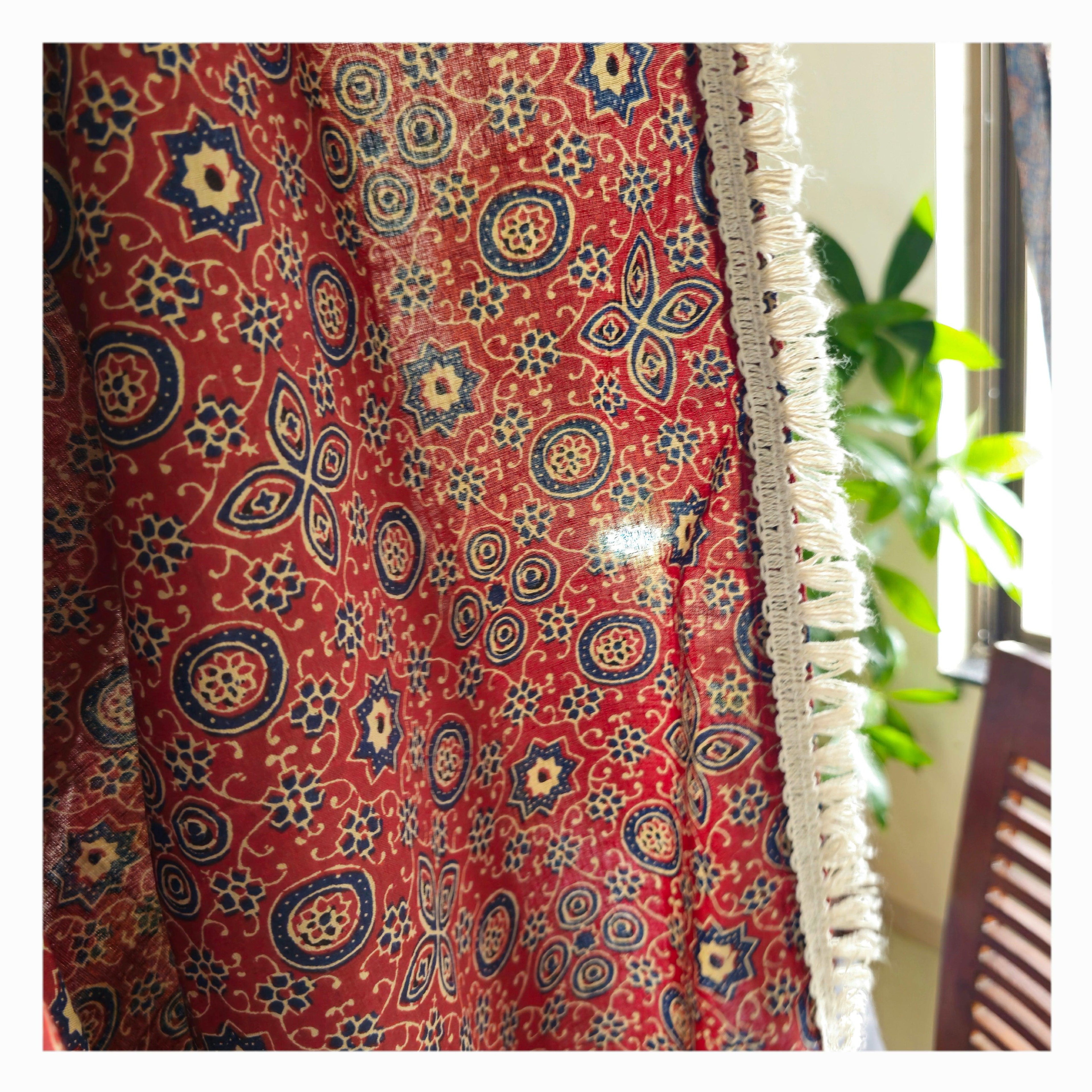 Red and Maroon Geometric Motif Ajrakh Block Print Sheer Curtains with White Cotton Tassel Lace