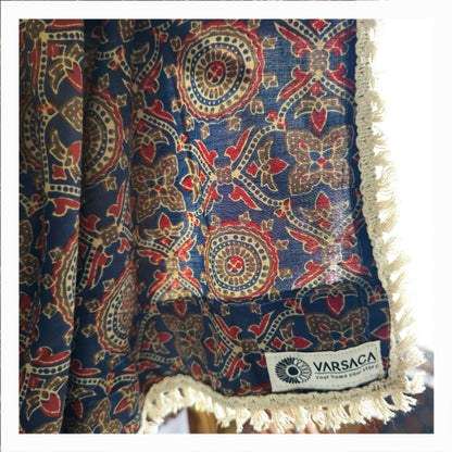 Blue and Red Geometric Motif Ajrakh Block Print Sheer Curtains with White Cotton Tassel Lace