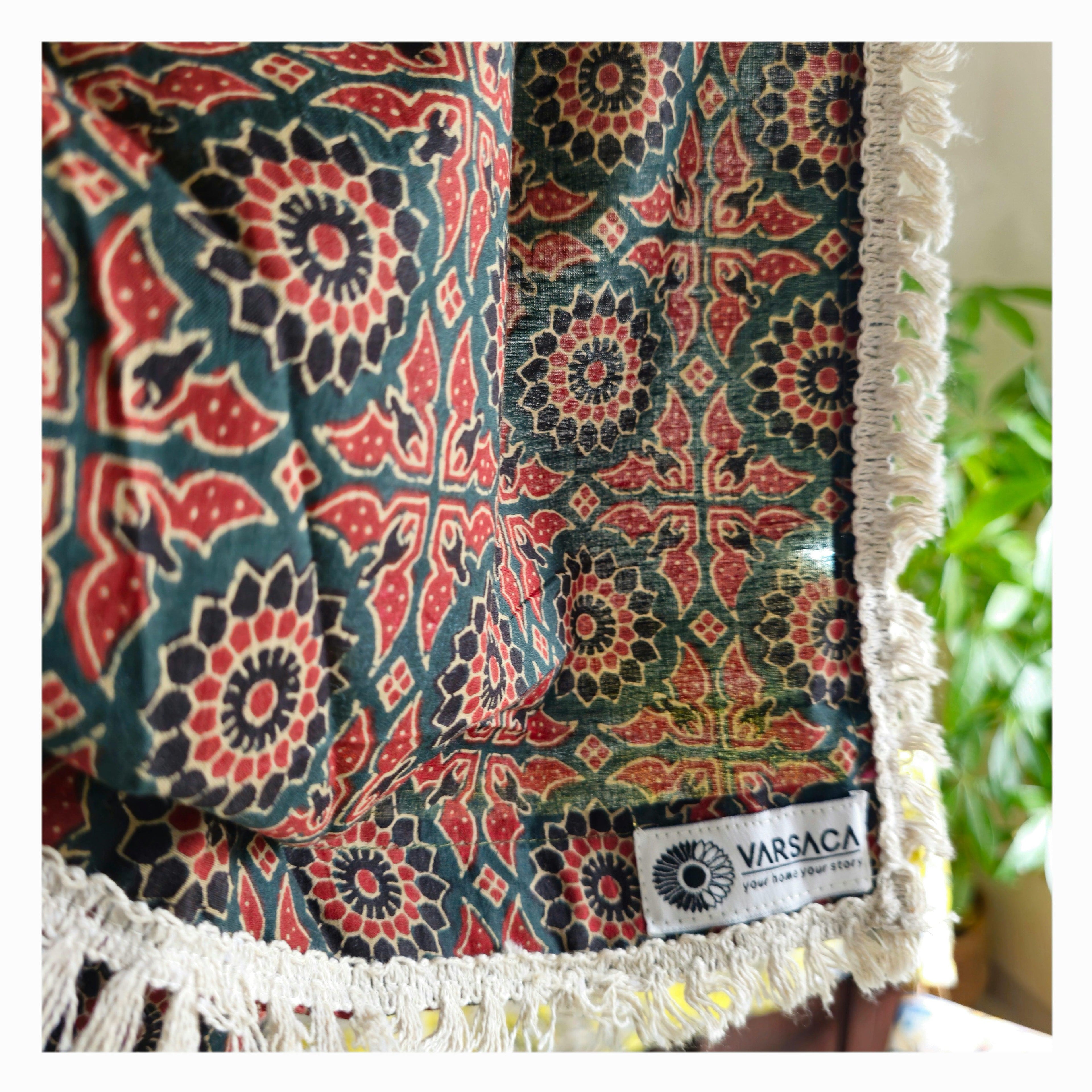 Green and Maroon Geometric Motif Ajrakh Block Print Sheer Curtains with White Cotton Tassel Lace