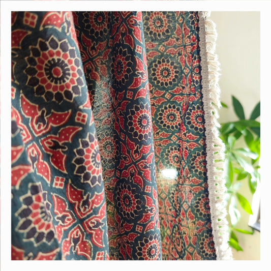 Green and Maroon Geometric Motif Ajrakh Block Print Sheer Curtains with White Cotton Tassel Lace