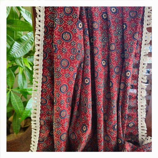 Red and Maroon Geometric Motif Ajrakh Block Print Sheer Curtains with White Cotton Tassel Lace