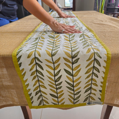 Green And Yellow Leaf Print Handmade Cotton 6 Seater Table Runner