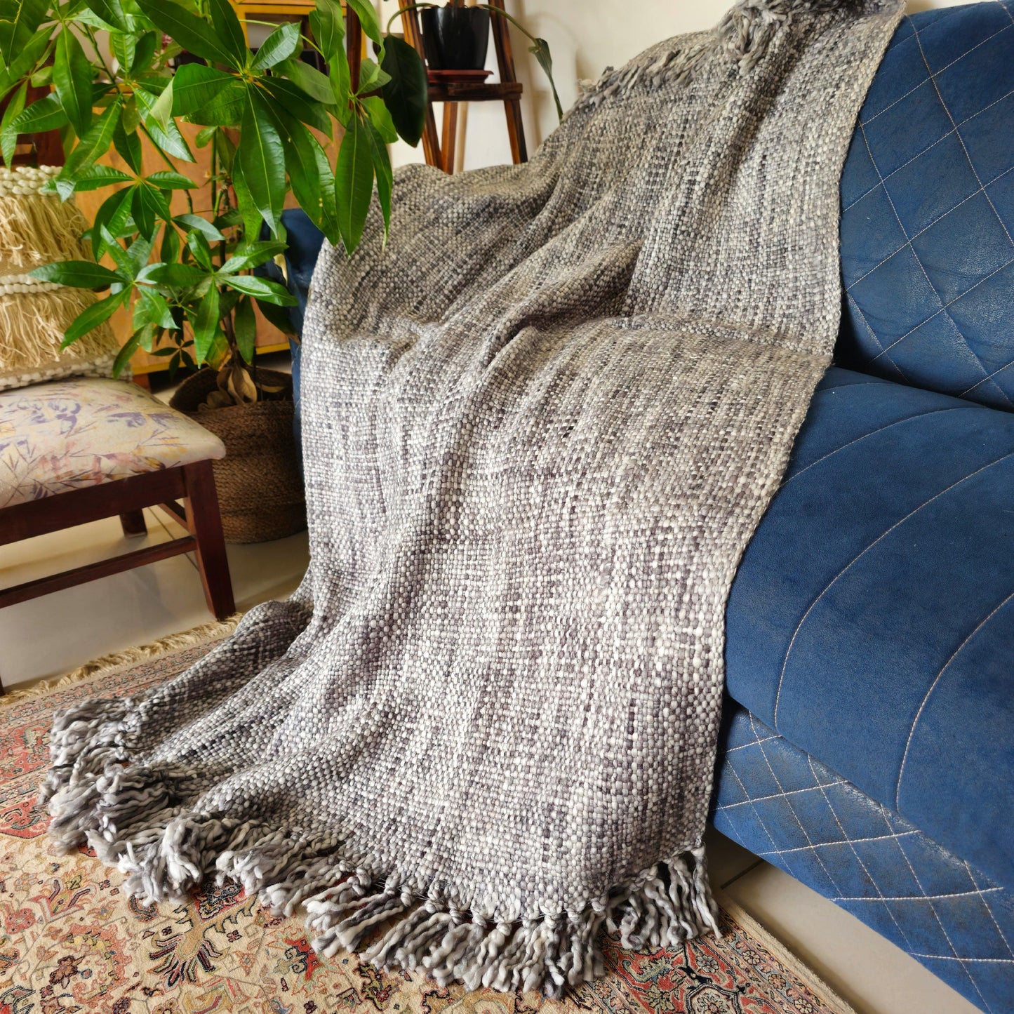 Grey Acrylic Cotton Sofa Throw