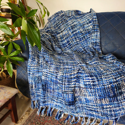 Blue Acrylic Sofa Throw with White and Purple Tint | Handwoven Soft Blanket