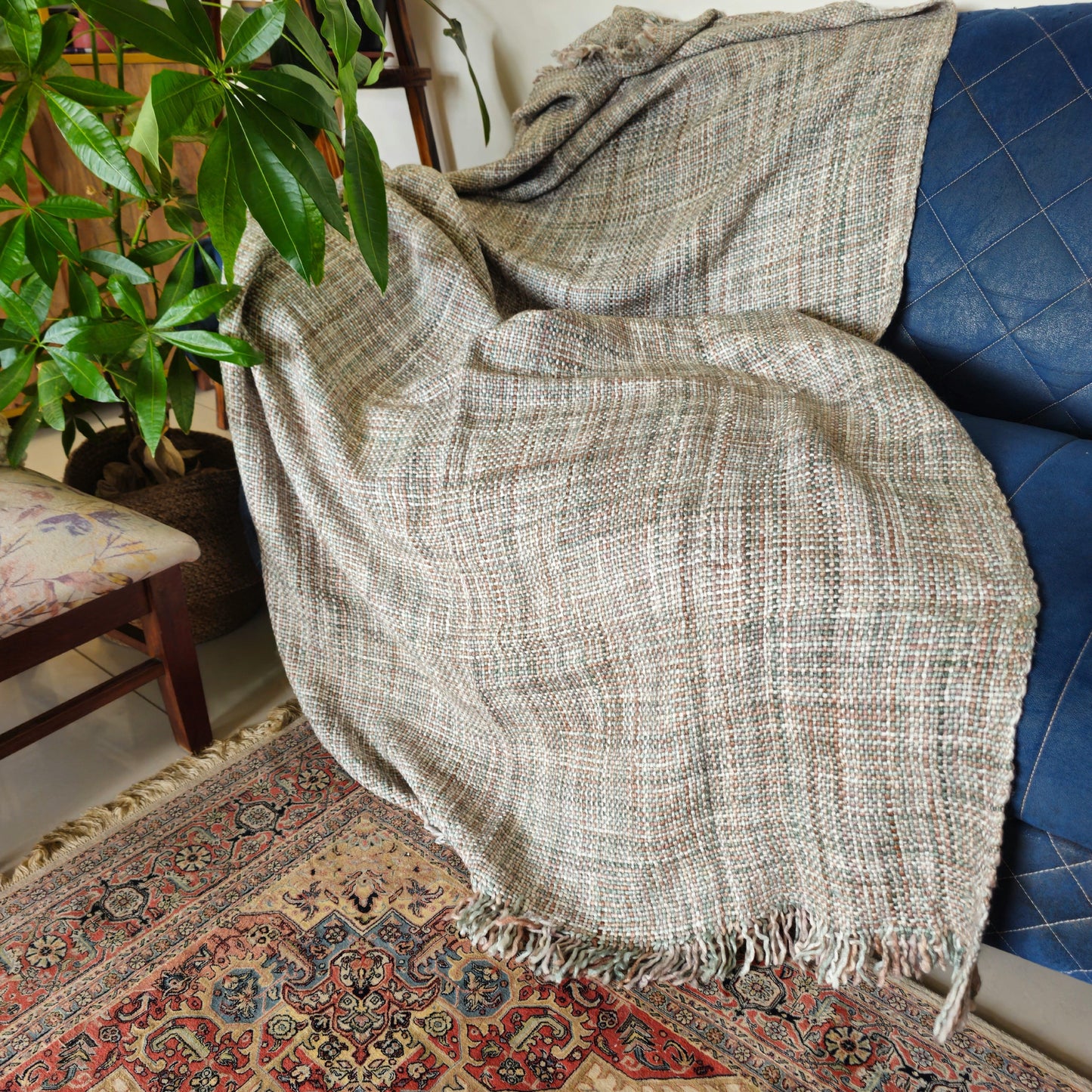 Grey Acrylic Sofa Throw with Brown and Green Tint | Handwoven Soft Blanket