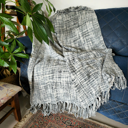 White and Grey Acrylic Sofa Throw With Tassels