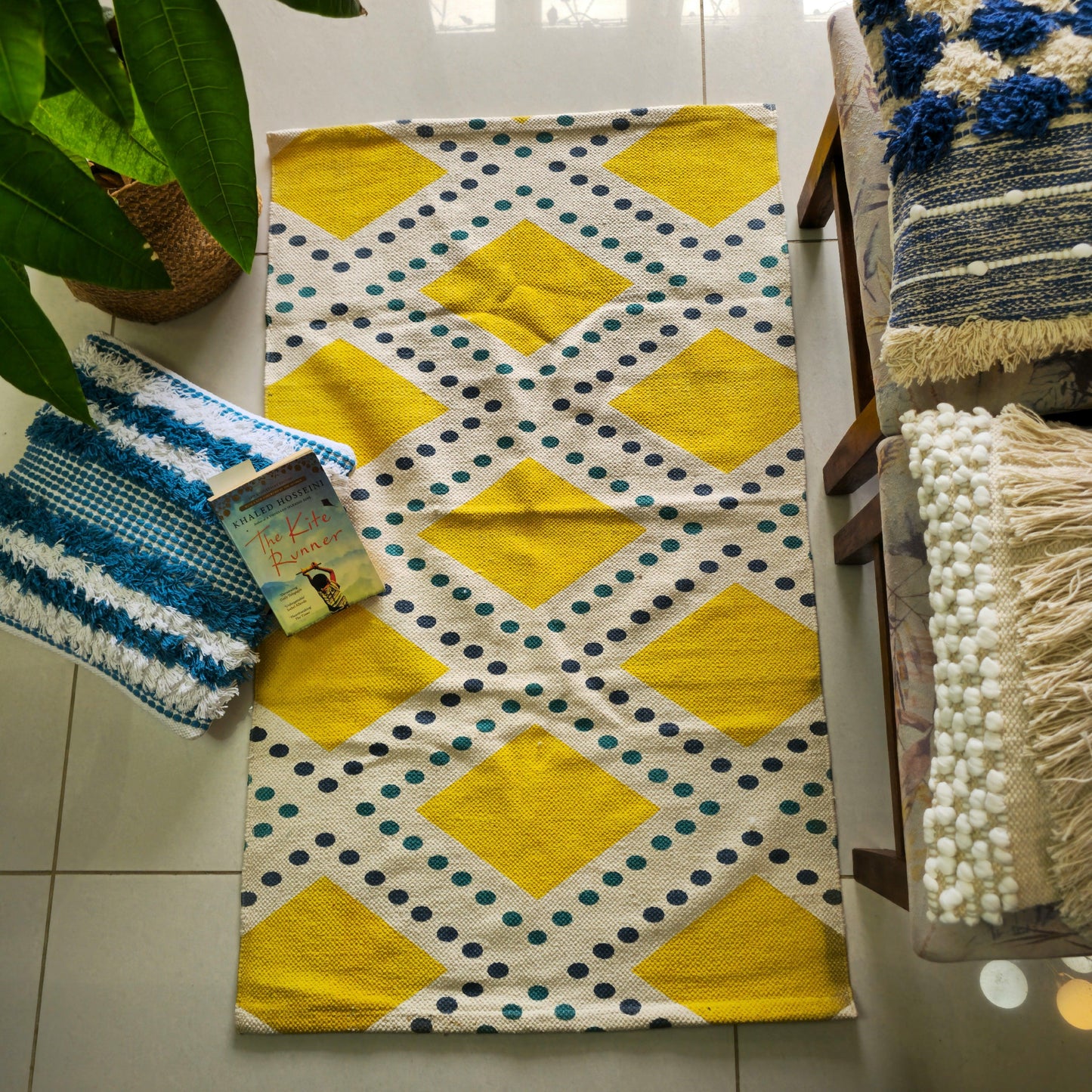 Yellow and White Geometric Pattern Cotton Rug | Handwoven Dhurrie