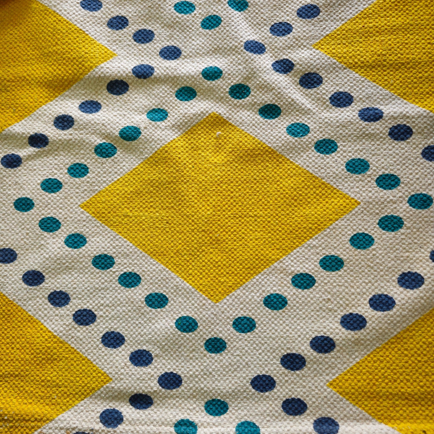 Yellow and White Geometric Pattern Cotton Rug | Handwoven Dhurrie