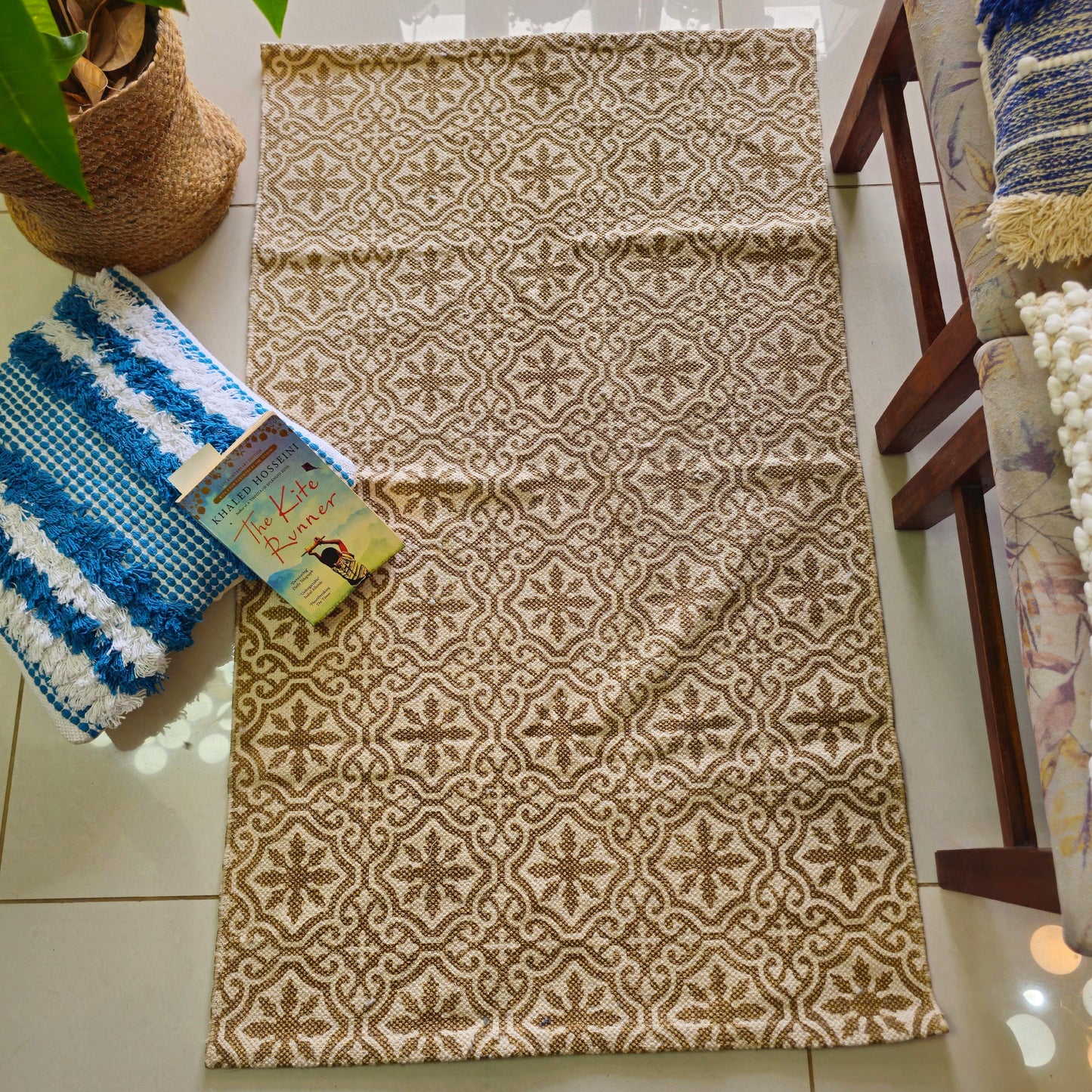 Brown Printed Cotton Rug with Small Floral Motifs | Handwoven Dhurrie