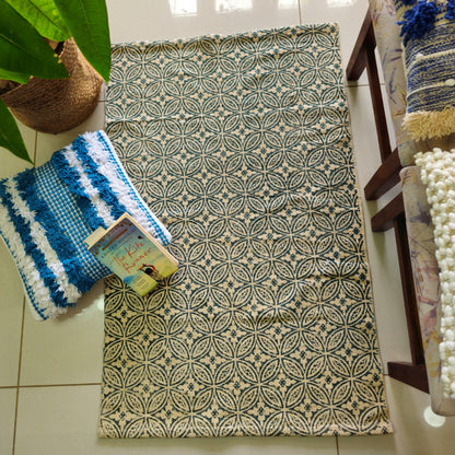 Green Printed Cotton Rug with Small Floral Motifs | Handwoven Dhurrie