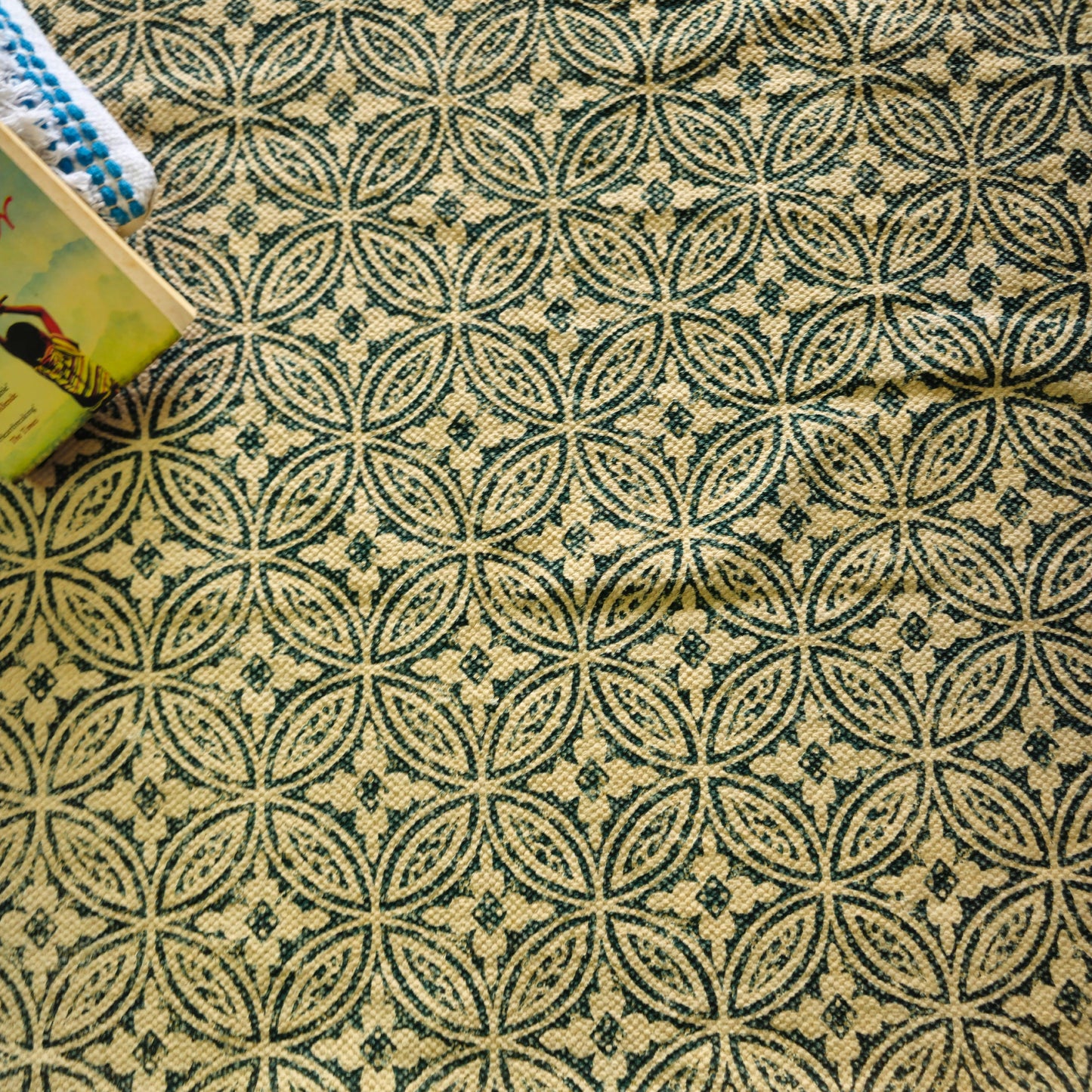 Green Printed Cotton Rug with Small Floral Motifs | Handwoven Dhurrie