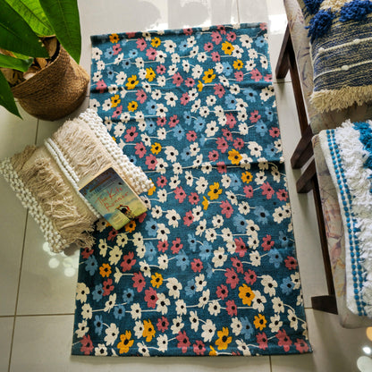 Multicolor Floral Print Cotton Rug | Handwoven Dhurrie