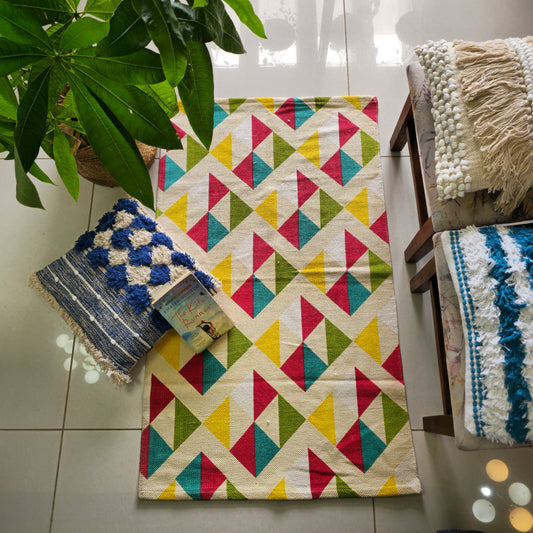 Multicolour Geometric Print Cotton Bedside Rug