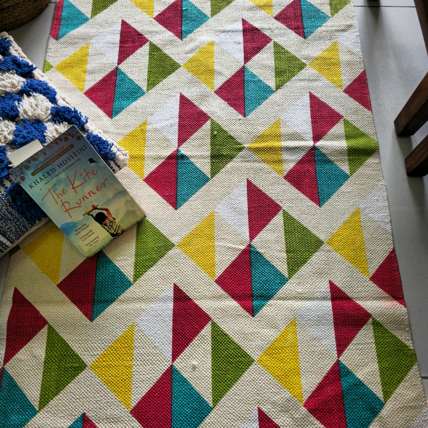 Multicolor Geometric Print Cotton Rug | Handwoven Dhurrie | Vibrant Handwoven Accent