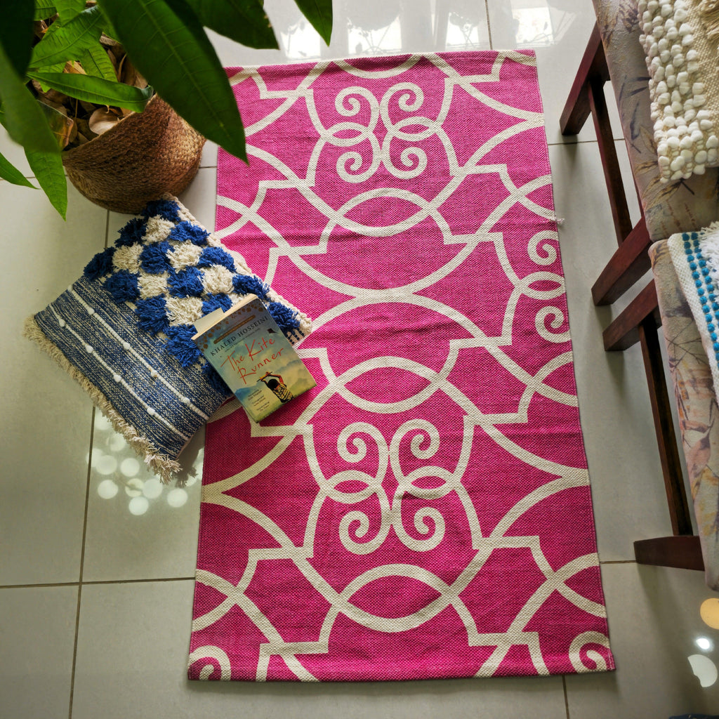 Pink Abstract Pattern Cotton Rug | Handwoven Dhurrie