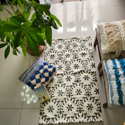 Green Floral Print Cotton Rug | Handwoven Dhurrie