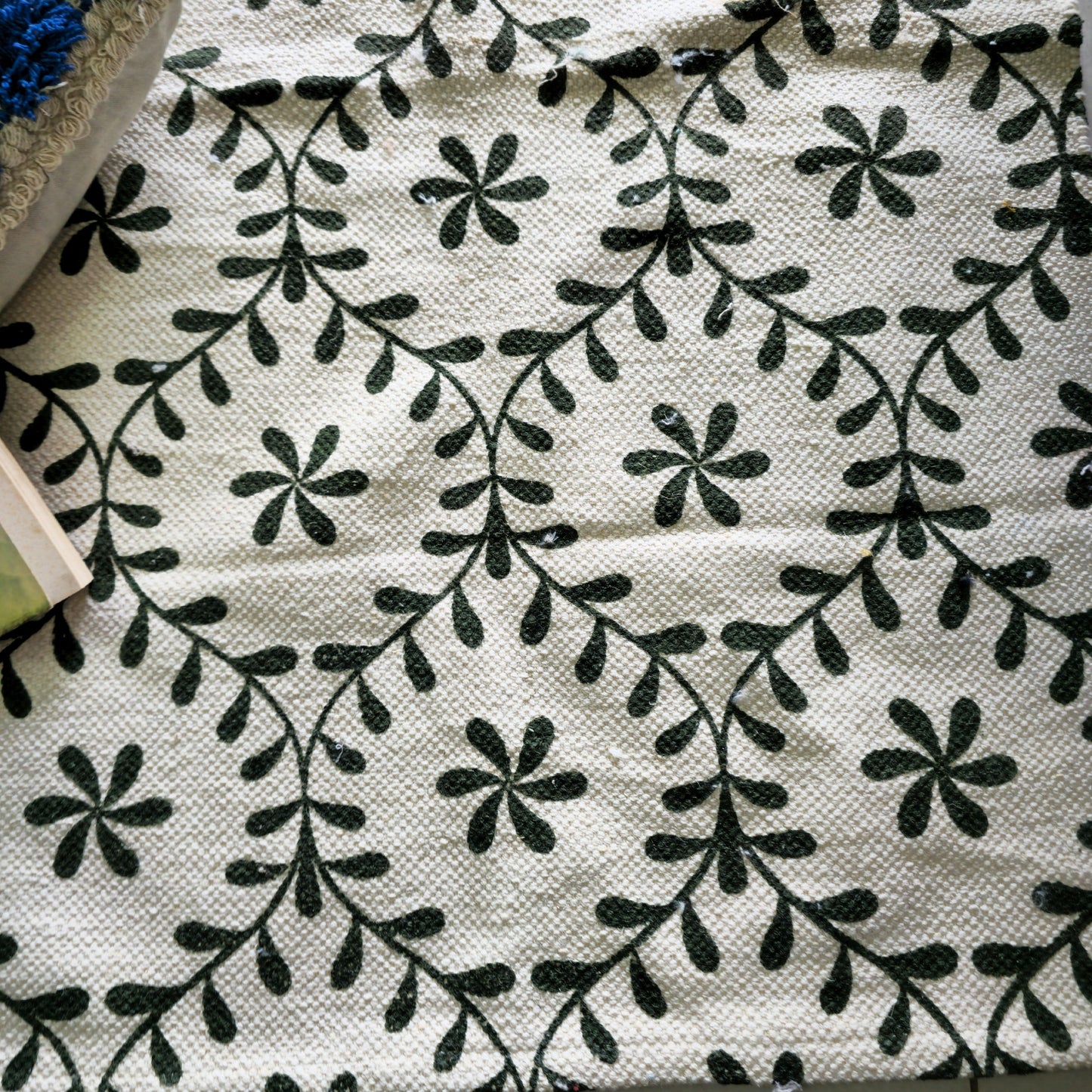 Green Floral Print Cotton Rug | Handwoven Dhurrie