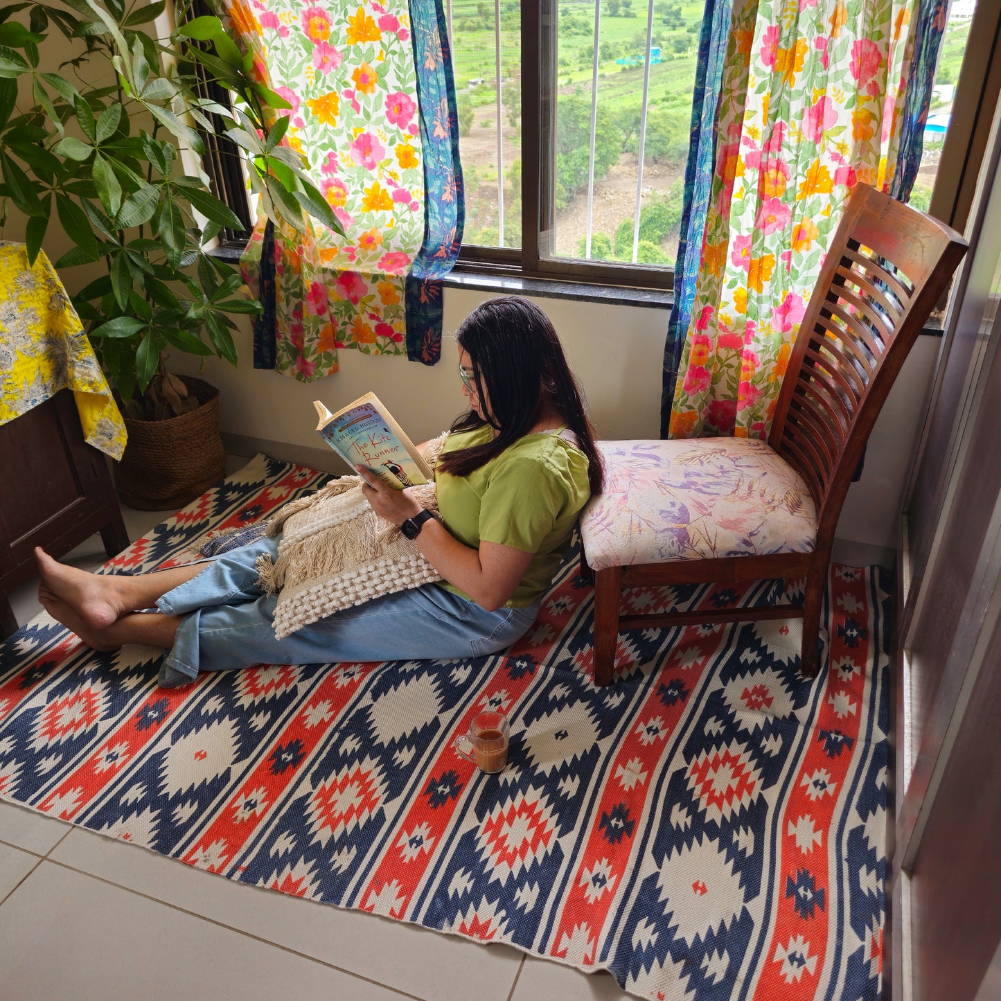 Orange and Grey Geometric Print Cotton Rug | Stylish Handwoven Carpet