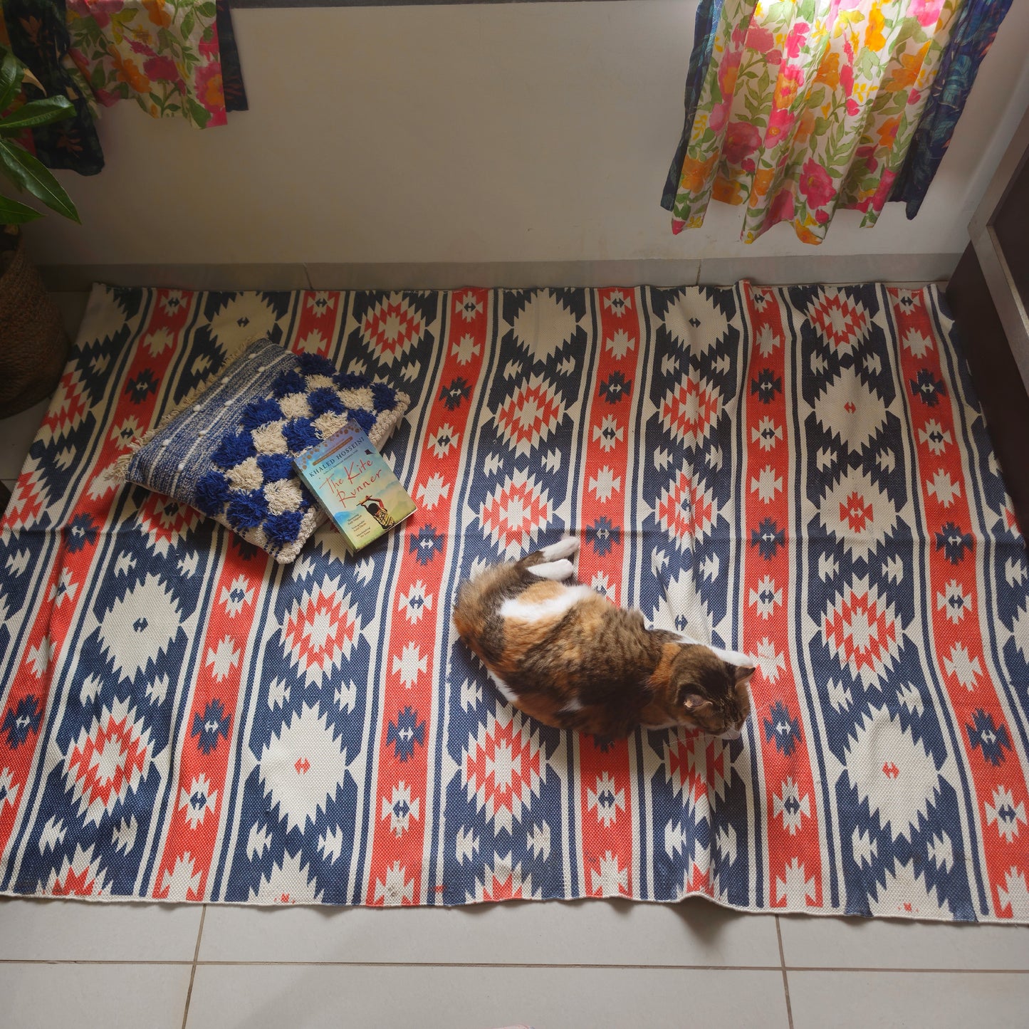 Orange and Grey Geometric Print Cotton Rug | Stylish Handwoven Carpet