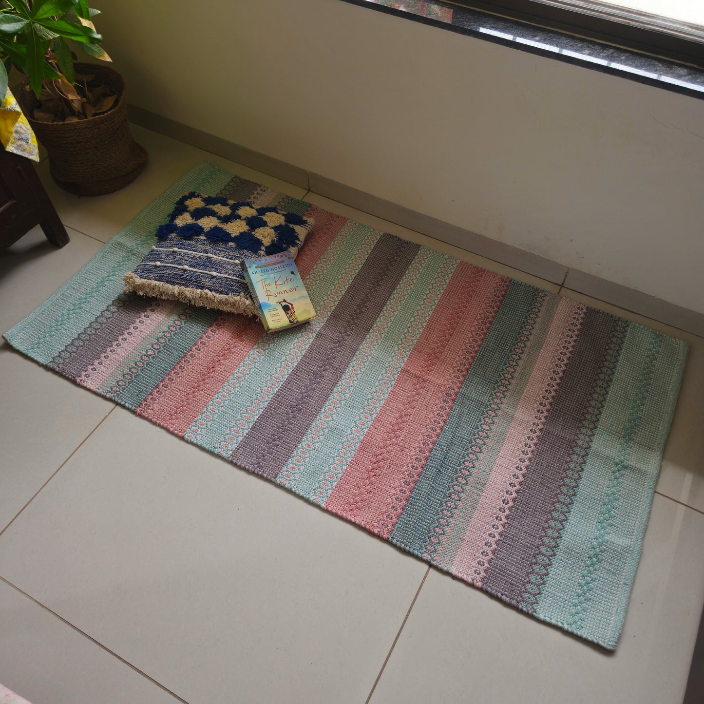 Multicolor Pastel Striped Cotton Rug | Handwoven Dhurrie